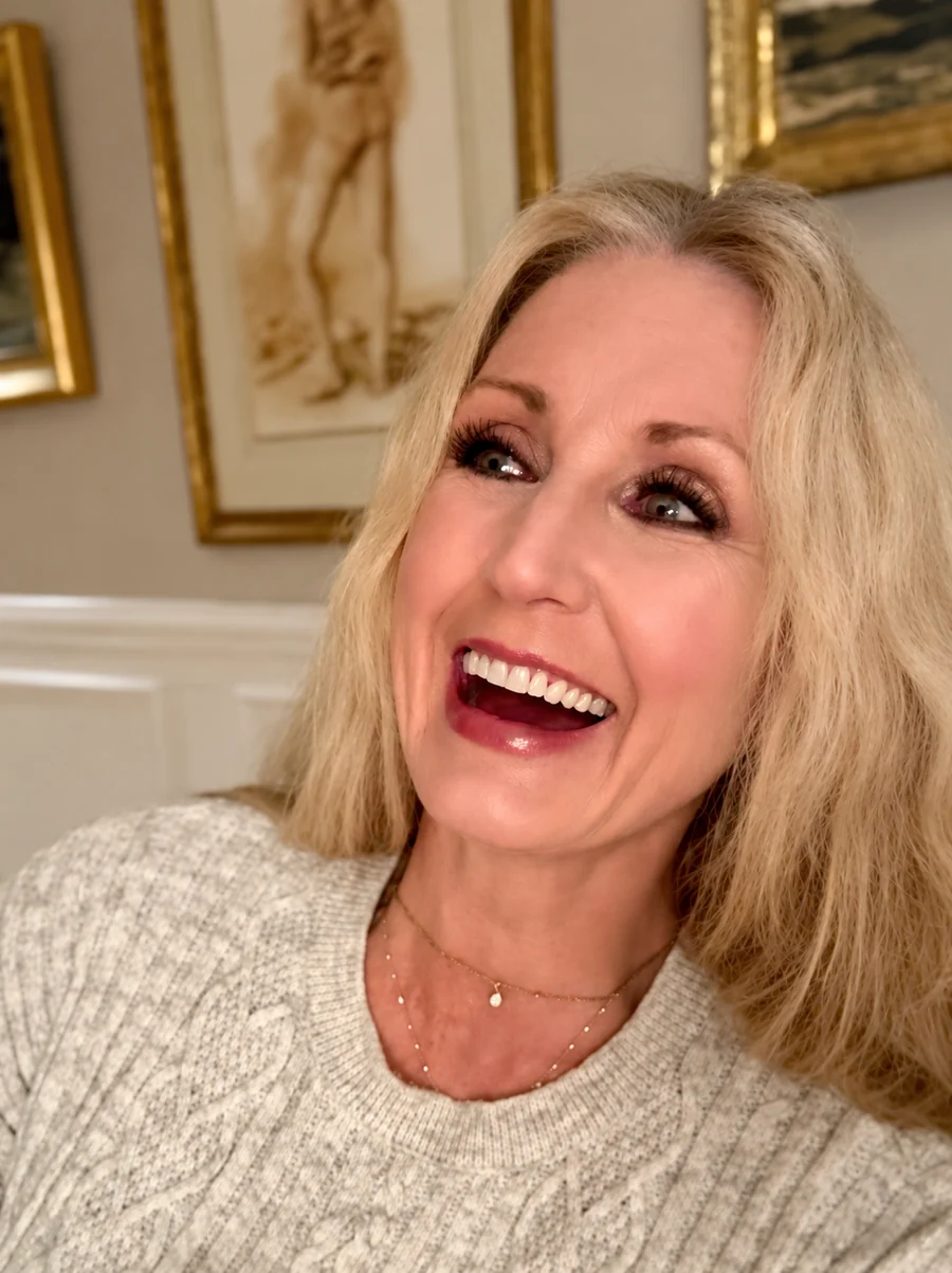 Carol Whitaker, life coach for women, laughing in a cream sweater