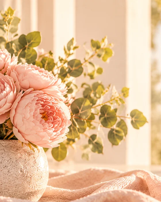 Pink peonies in a vase on a sunlit table