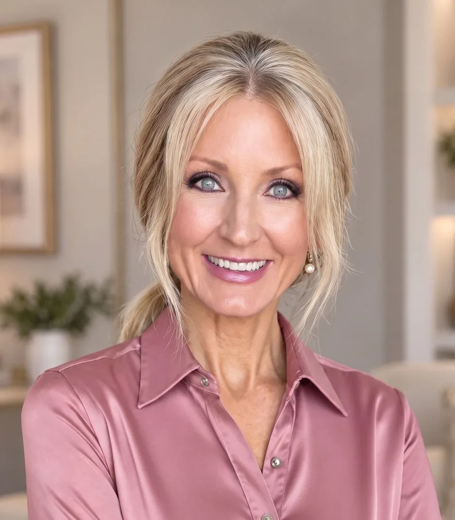 Carol Whitaker, life coach, smiling in a pink satin blouse