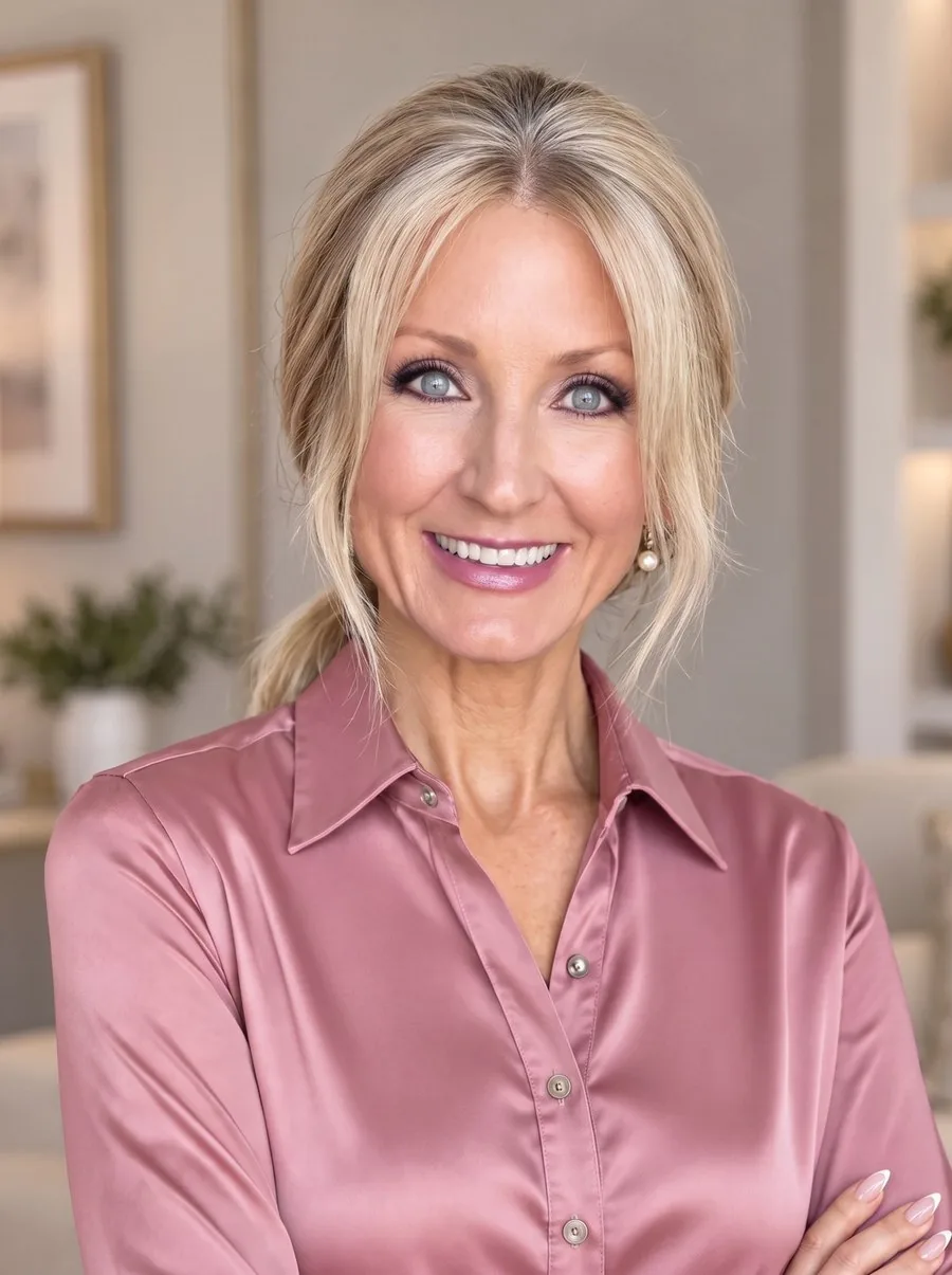 Carol Whitaker, life coach, smiling in a pink satin blouse