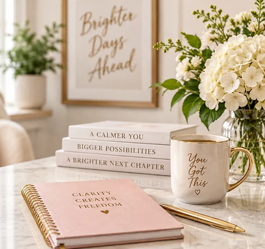 Pink journal, coffee mug, books, and white flowers on a desk beneath a Brighter Days Ahead sign