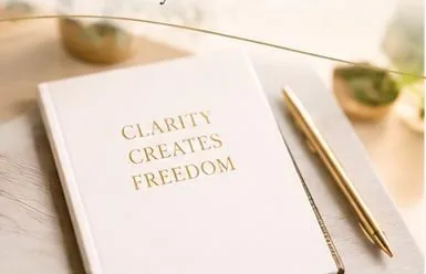 Journal reading Clarity creates freedom beside a gold pen