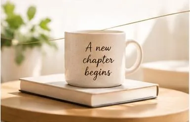 Coffee mug reading A new chapter begins, resting on a book