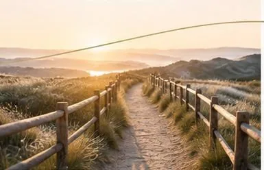 Sunlit path winding through the hills at sunrise