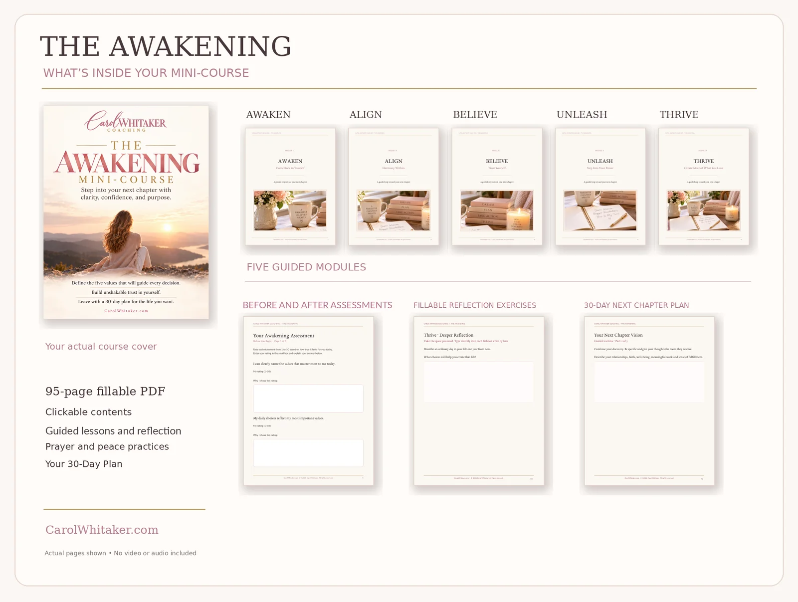 What's inside The Awakening Mini-Course: the course cover, five module pages, assessments, reflection exercises, and the 30-Day Next Chapter Plan